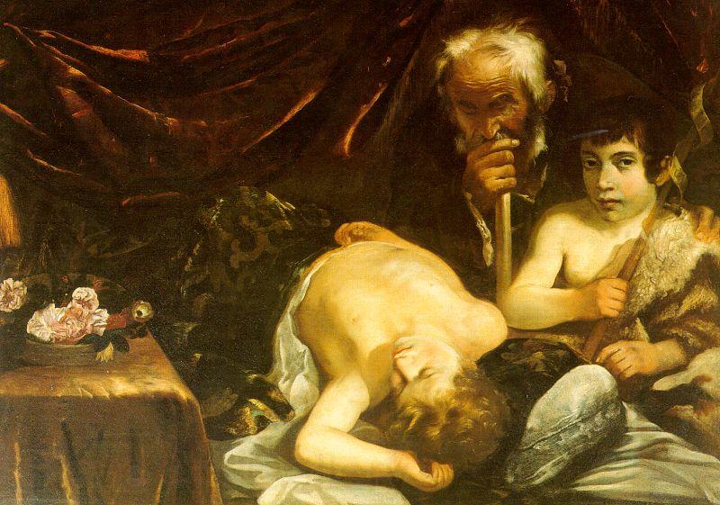 CAGNACCI, Guido Sleeping Christ with Zacharias John the Baptist Norge oil painting art